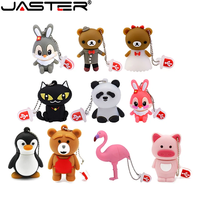 Jaster Cartoon Animal USB Flash Drive 4 GB 16 GB 32 GB 64 GB High Speed ​​U Stick 2.0 Svadobná dovolenka Darček Pendrive s kľúčovou reťazou