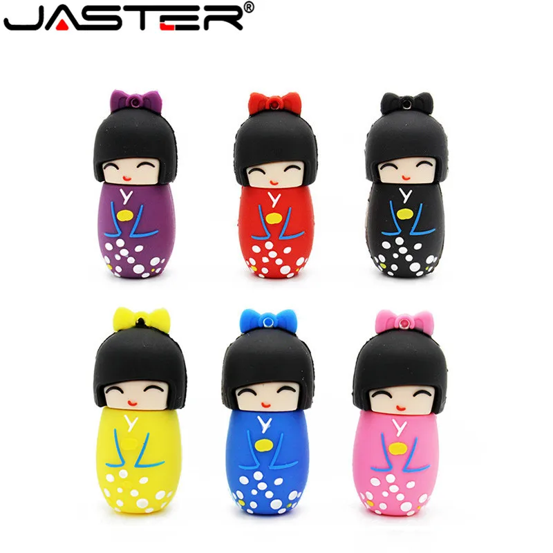 Jaster Cartoon Japanese Kimono Doll Drive Drive 128 GB Silikónové darčeky pre deti USB Flash Drive 64 GB Pretty Memory Stick 32 GB