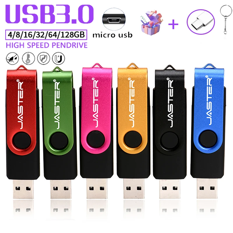 Jaster Rotattable USB 3,0 Flash Drives 128 GB OTG 2 v 1 pamäťová palica 64 GB Kovová klipová pero Pravca 32 GB vysokorýchlostná USB Stick 16 GB 8 GB