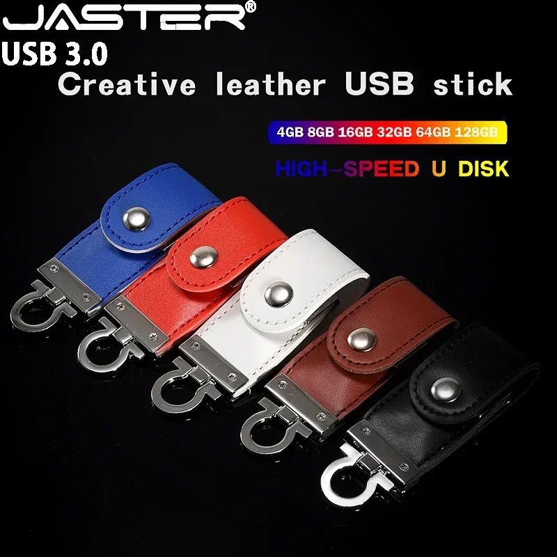 Jaster USB 3.0 Flash Drive Kožená pamäť Stick Metal Key Ring Drive Per Drive Vytvorenie obchodných darčekov Pendrive Farebná tlač 64 GB 32 GB
