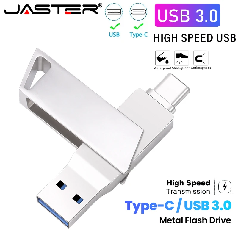 Jaster USB 3.0 Typ C Flash Drive 256 GB 128 GB 32 GB Strieborná jednotka Strieborné pero High Speed ​​Dual Memory Stick pre smartphone prenosný disk u disk