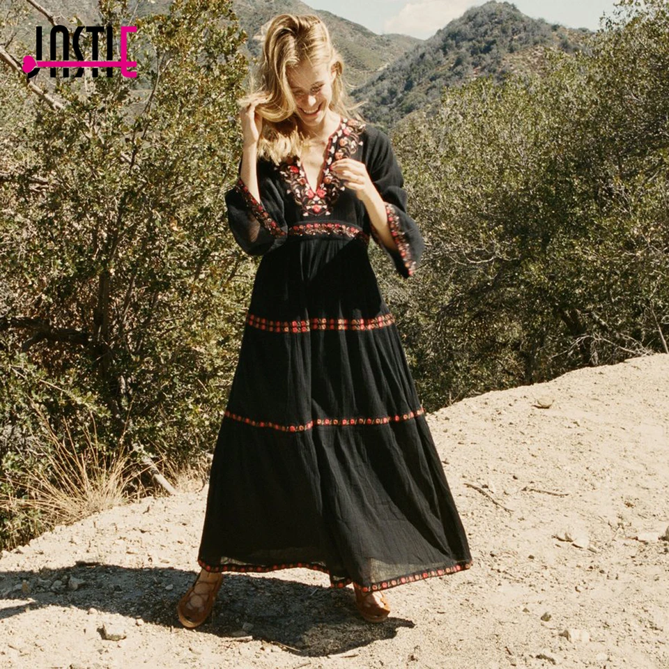 Jastie Bohemian kvetinové vyšívanie čierne maxi šaty V-krk s pleskom rukáv boho dlhé šaty 2023 jarné dámske šaty Vestidos