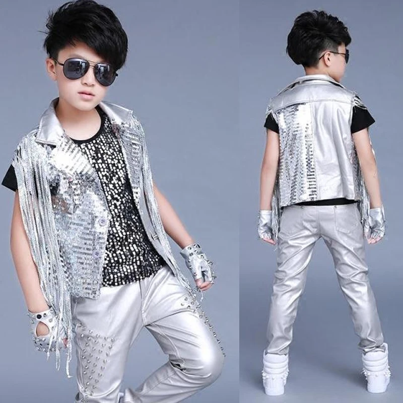 Jazz kostýmy Deti strieborné striebro Tassel Coat Boys Rock Drum Show Set Hip Hop Stage Outfit Street Dancewear Kids DNV11852