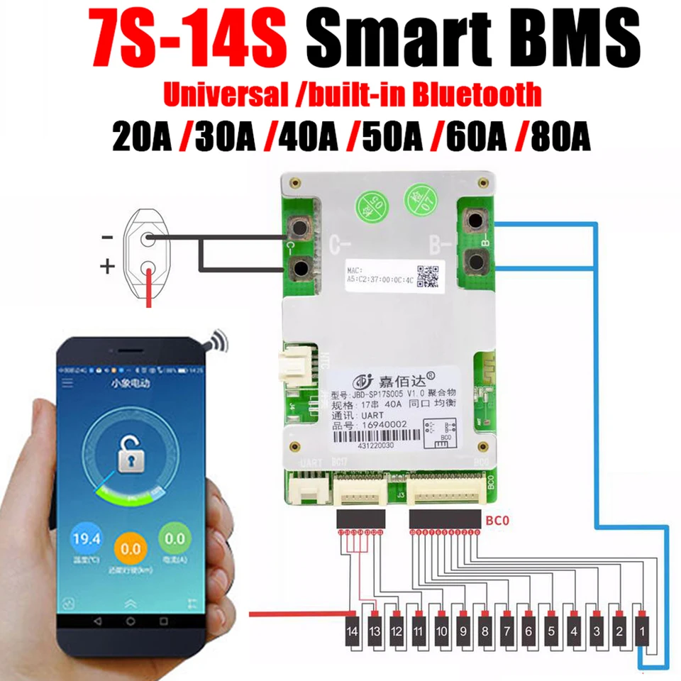 JBD Bluetooth Smart BMS 7S až 17s 10s 13s 14s 16s Litium Battery Board 24V 36V 48V 52V 60V LI-ION LIPO 20A 40A 60A