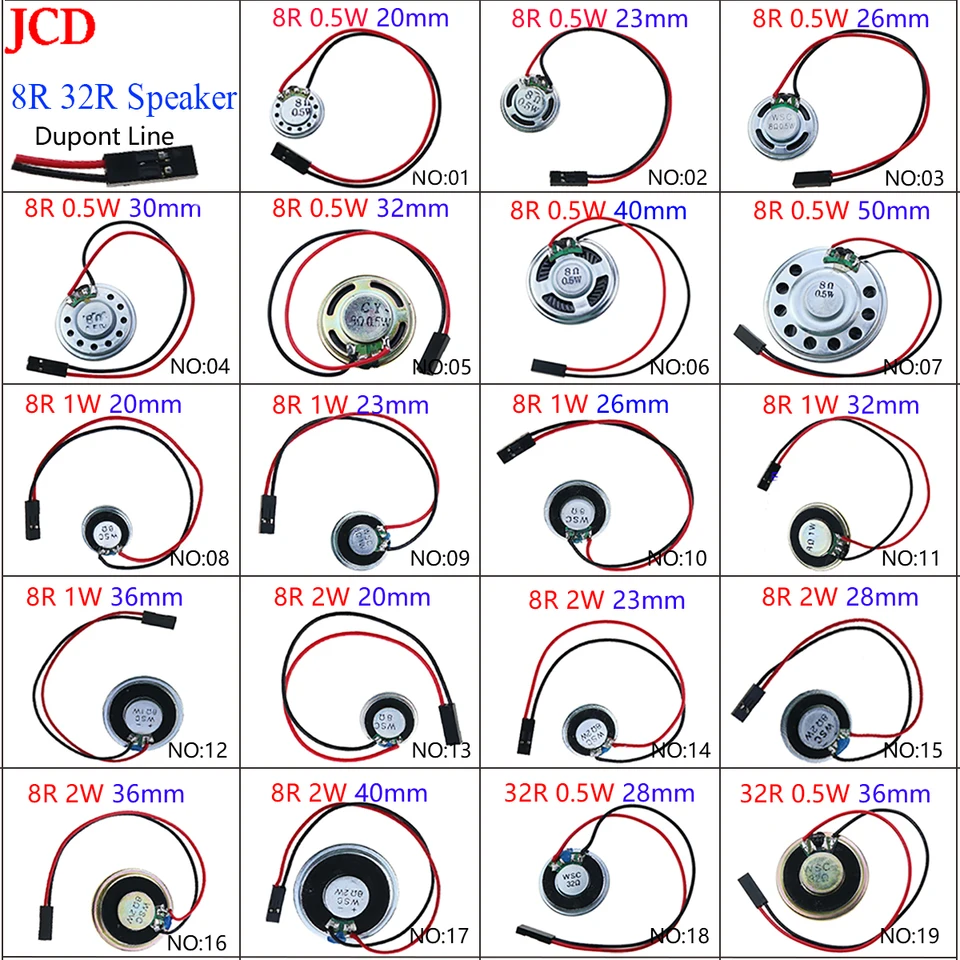 JCD 1PCS Ultra-tenký reproduktor 8r 32R 0,5 W 1W 2W Ultra tenký priemer zosilňovača reproduktora 20 23 28 28 30 32 36 40 mm dupont kábla DuPont