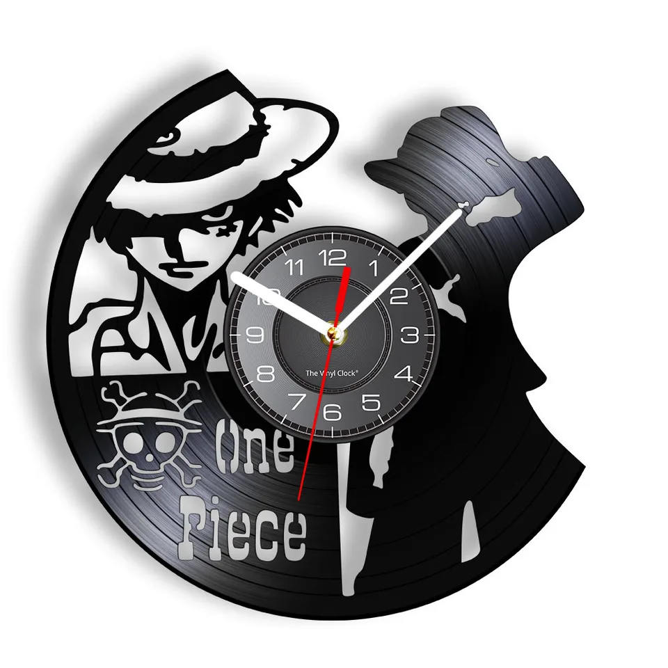 Jeden kus vinylového záznamu nástenné hodiny pre Manga Mystery Luffy postava vystrihnutá hudobný album Longplay Wall Clock Kid Room Home Decor