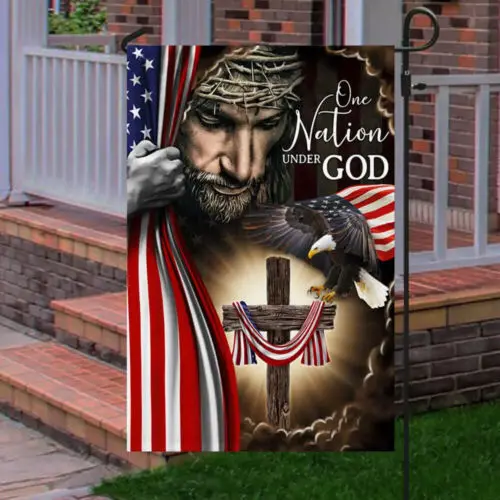 Jeden národ pod Bohom. Christian Cross American Flag Záhradná vlajka - Vlajka domu
