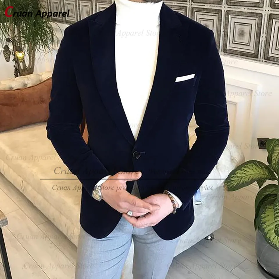 (Jeden sako) Navy modré zamatové pánske blazers Slim Fit Svadobné ženíchsman Groom Sucked módne vrchol klopa s kabátom Tuxedo topy