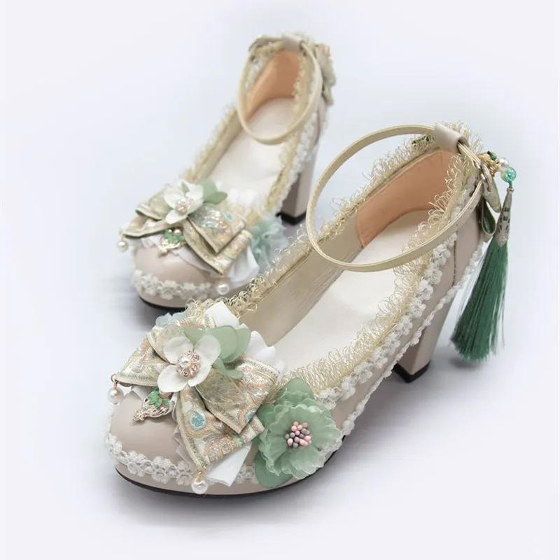 Jedna noc príbeh Originálne topánky lolita Round Toe Husté podpätky retro čínske štýl lolita topánky sladké dievča vysoké podpätky