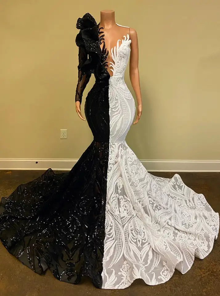 Jedno ramenné morská panna ples šaty s dlhým rukávom napoly čierna polovica bielej flitry Luxusné večerné šaty Africké dievča Vestido Made