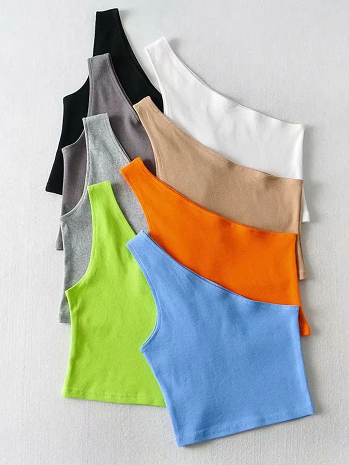 Jedno ramenné tanky orezané Top ženy letné nádrže bez rukávov camis sexy šikmý golier elastický korzet štíhle plodiny tops tube dámy