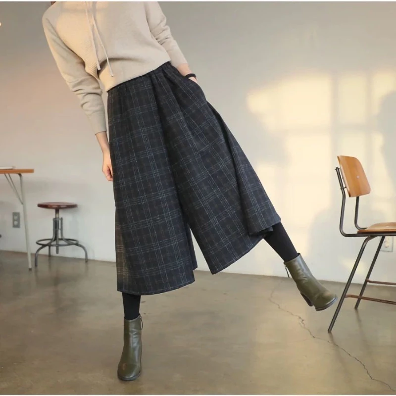 Jednoduchosť kancelária Lady Autumn Winter Women Plaid Elastic Elaster Vysoký pás vrecká Kórejská móda voľná A-line nohavičky