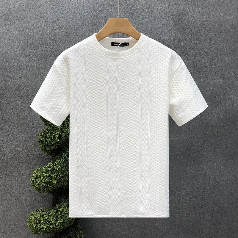 Jednoduchosť trend všestranný letný mužský masový okrúhly krk Jacquard Weave Módne všestranné voľné tričká s krátkym rukávom