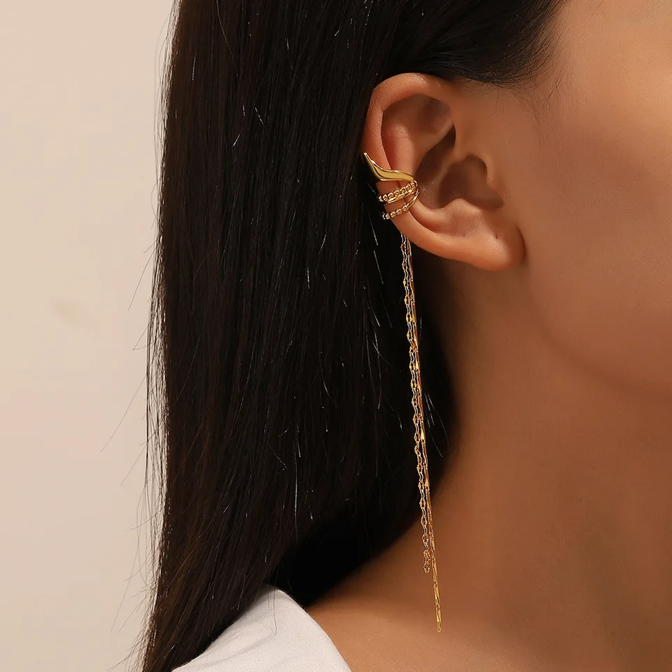 Jednoduchá geometrická uší spona bez uší piercing módny temperament kreatívny dizajn Žena Dlhý reťazec Tassel Ear Bone Clip