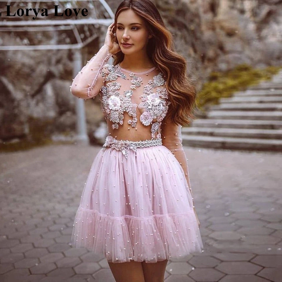 Jednoduché kokteilové šaty krátke plesové šaty 2022 Ružové dlhé rukávy Homecoming Vestido de Gala Ženy späť do školy promócie