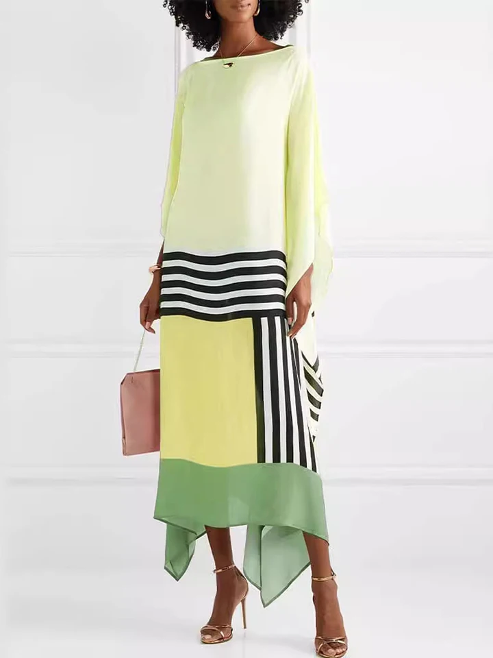 Jednoduché o krk ležérne patchwork maxi šaty, ženy jarné leto dlhé šaty na batwing rukávy, elegantné tlačové dámske šaty