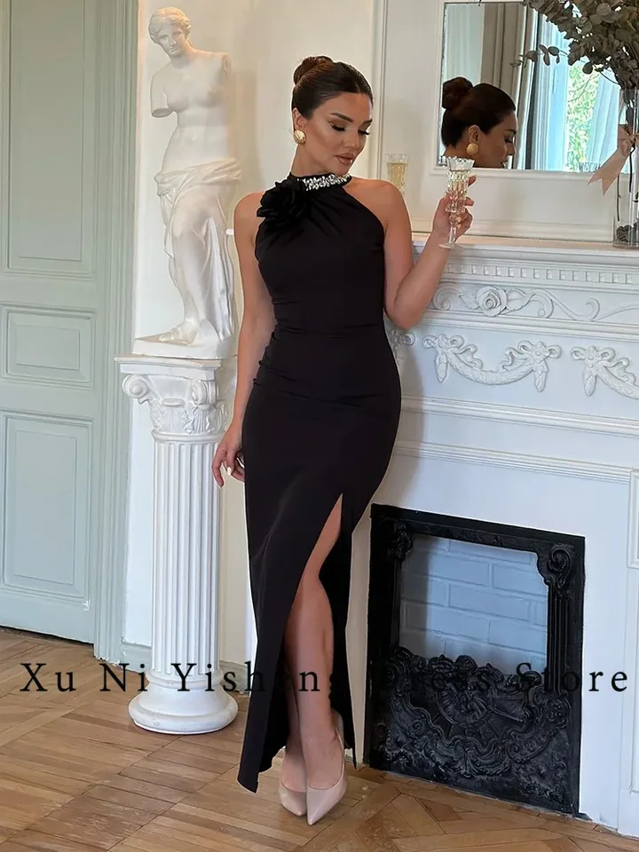Jednoduché sexy plesové šaty pre ženy morská panna Split backless High golier satén moderné na mieru Made Birthday Večerné párty šaty