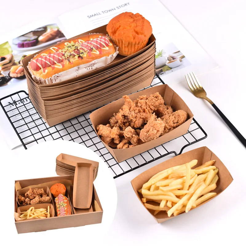 Jednorazové kraftové papierové podnosy na lodnú škatuľu vyprážané kuracie občerstvenie balenie American Fast Food odtrhnite krabicu