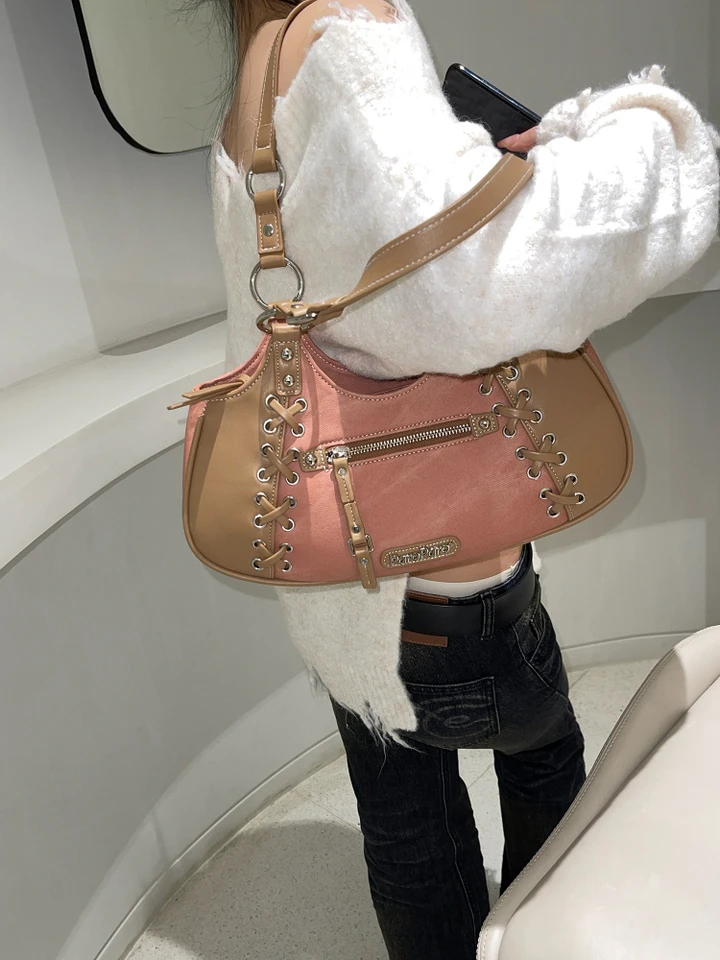 Jednoschranné prenosné podpazušia taška Dámska PU Artificial Leather Square Stitching Strap Large Capacity Trend Black Pink