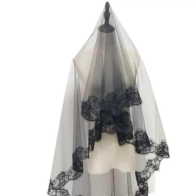 Jednovrstvové ženy dievča čierna mantilla svadobný závoj výšivka kvetinová čipka obloženie Halloween Cosplay kostým číry vlasový doplnok