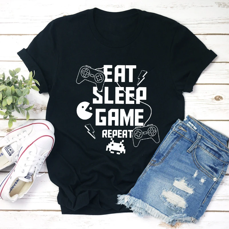 Jedzte spánkovú hru Opakované tričko Funny Game Controller Trhirt Casual Women Krátke rukávy Hipster Graphic Top Tee tričko
