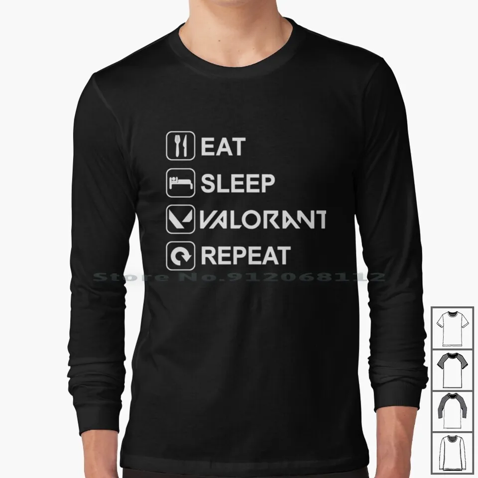 Jedzte, spánok, odvaha, opakujte s dlhým rukávom Tričko Valožné nepokoje FPS Gamer PC Sleep Opakovanie PS4 Geek Nerd Creative Trend
