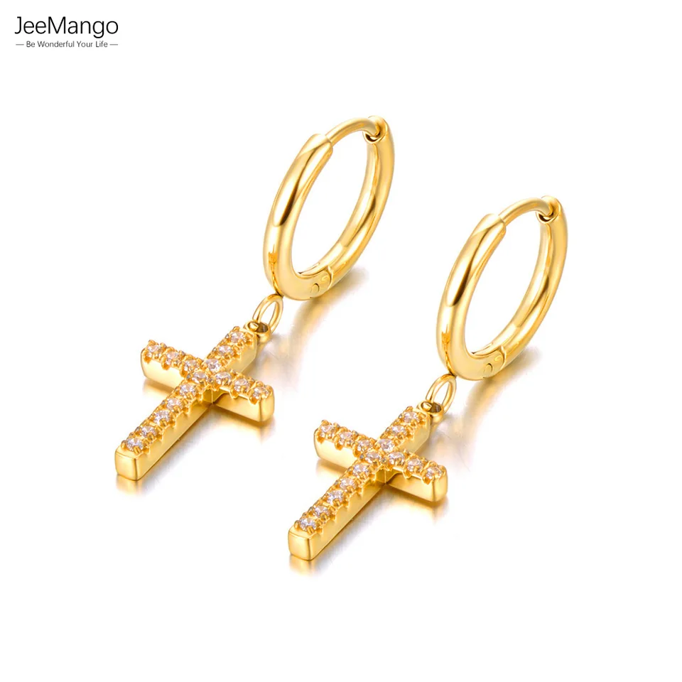 Jeemango Gold Crystal Cross Hoop náušnice pre ženy módna z nehrdzavejúcej ocele Nálezné náušnice šperky серьги женские JE23022