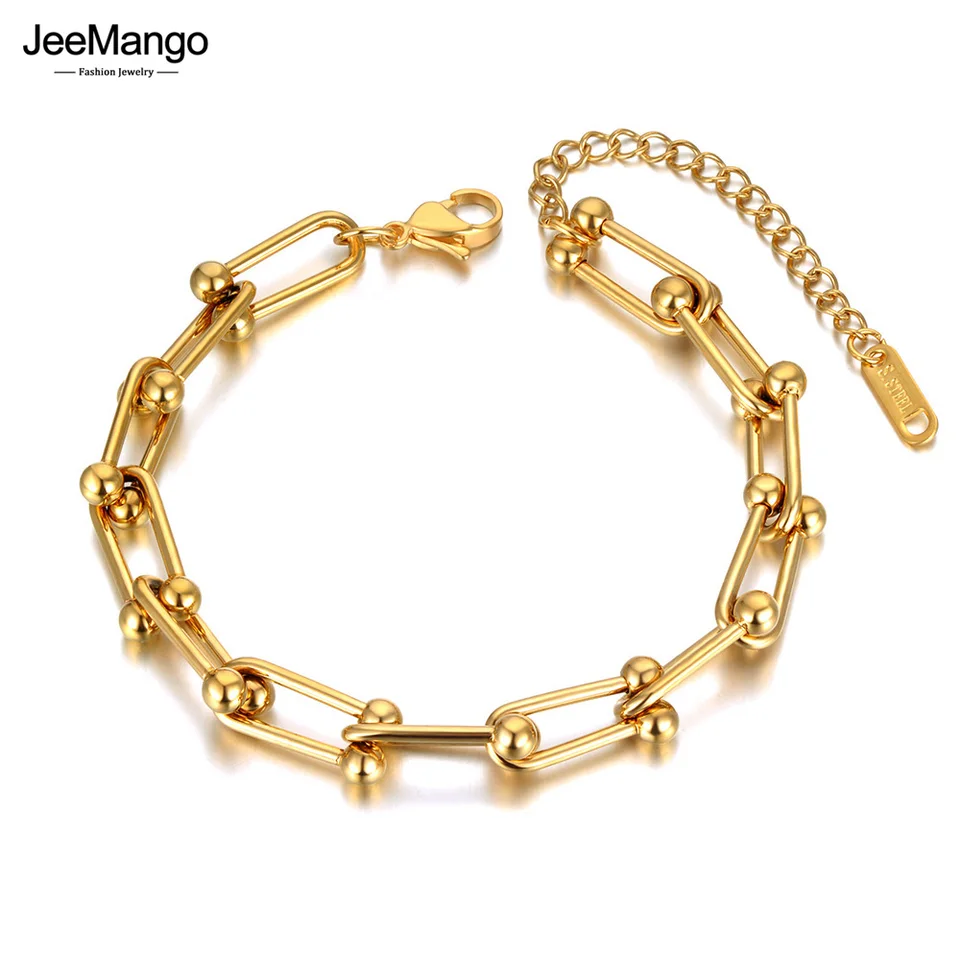 Jeemango Hiphop/Rock 18K 18K Zlatená z nehrdzavejúcej ocele Geometria Náramok pre dámske náramky Trendy reťaz náramok JB21118