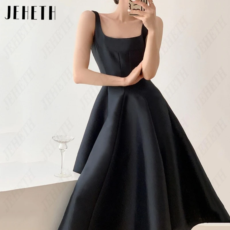 Jeheth Square krk špagety špagety popruhy Kórea svadobné šaty pre ženy Elegantné saténové A-line svadobné šaty backless 웨딩드레스 čajová dĺžka