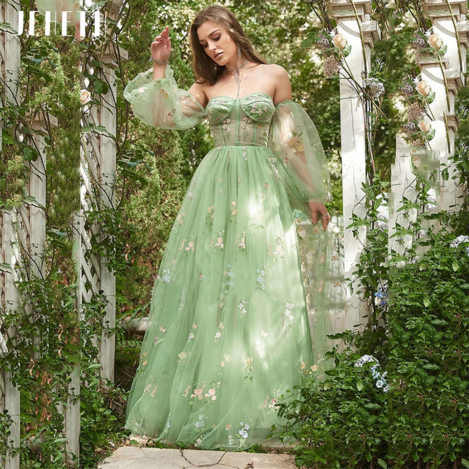 Jeheth zelená výšivka ples šaty rozprávky bez ramienok Puff rukávy Večerné šaty backless párty ženy Vestidos de Ocasión formales