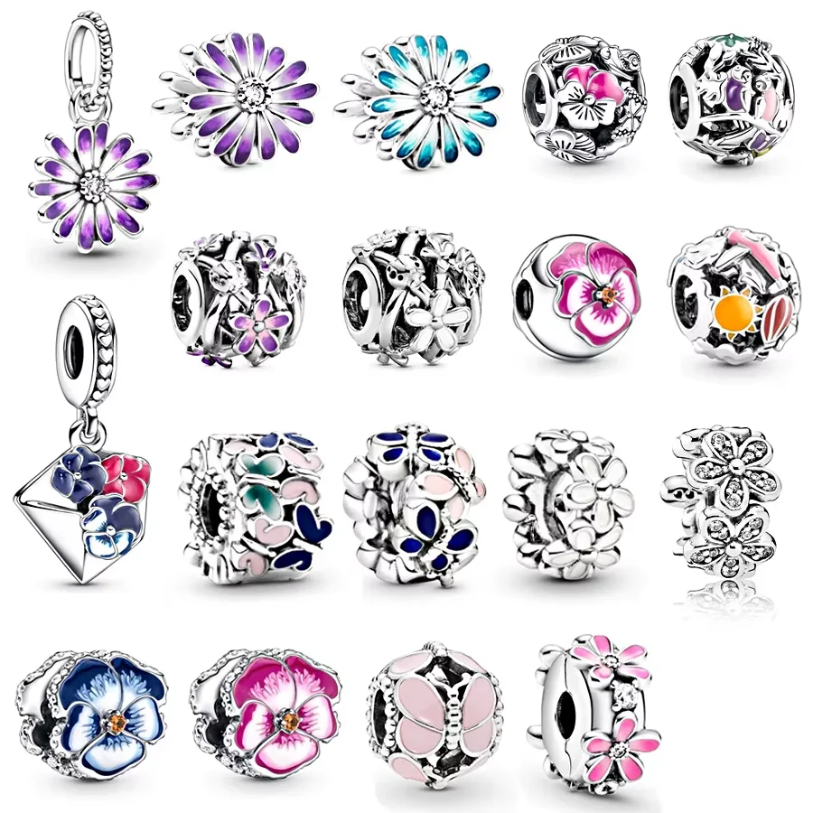 Jemná ružová a modrá mapansy kvetinová kvetina kvetinové kvetinové korálky Fit Original 925 Sterling Silver náramok náramok DIY Dámske šperky