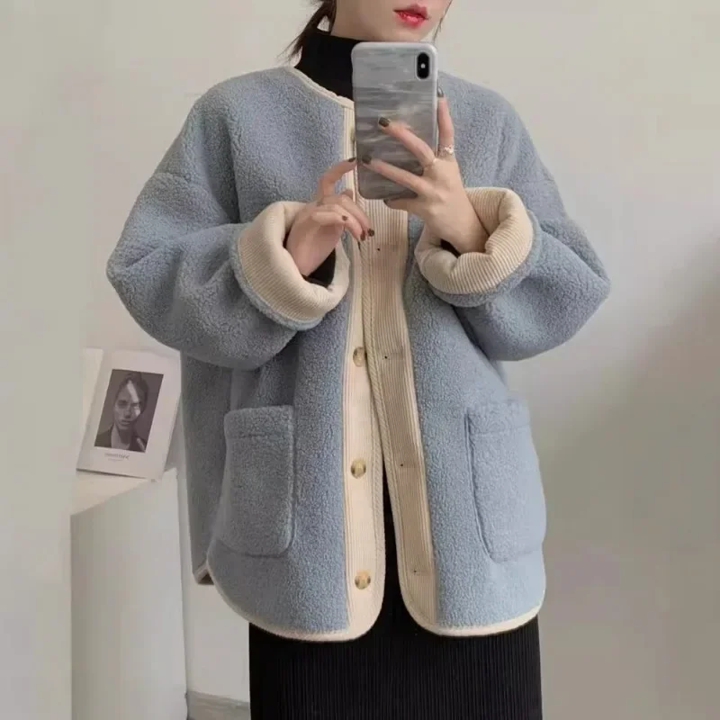 Jemná temperamentná bunda Imitácia jahňacie vlna bunda Dámska jeseň zima harajuku retro high-end pocit hustého baseballového kabátu
