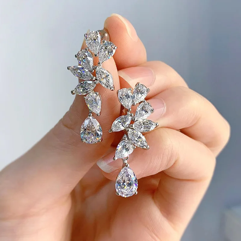 Jemný Moissanit Diamond Dangle náušnice 100% skutočné 925 Sterling Silver Svadobné náušnice pre ženy sľubné zásnubné šperky