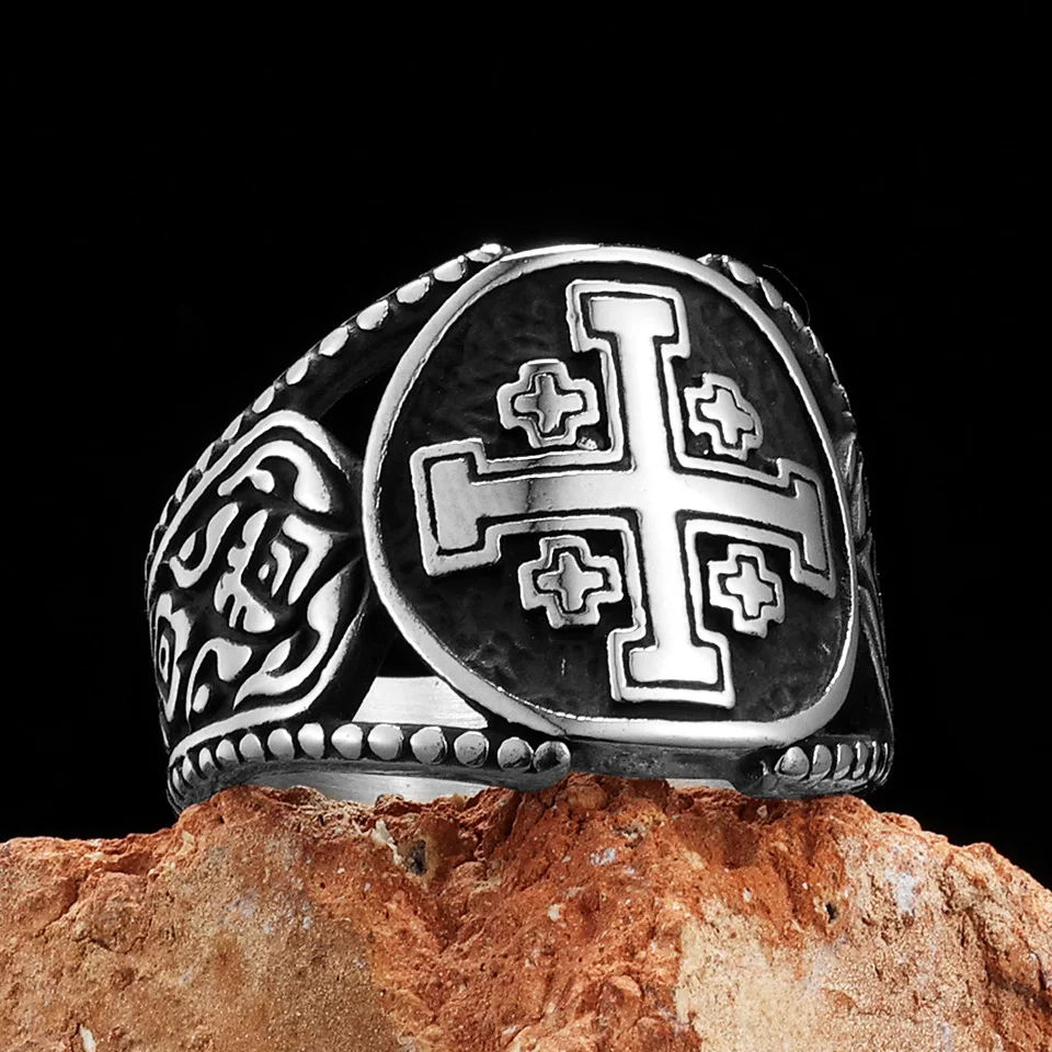 Jeruzalem Crusader Cross Men Rings Nerogless Ocel Punk Rock Cool Módne doplnky Šperky pre ženy Darček