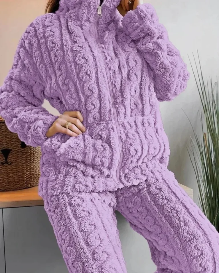 Jesenná a zimná móda dvojdielne sada 2kquard textúrovaný stojan zips fuzzy Teddy Top & Pants Set pre ženy 2024