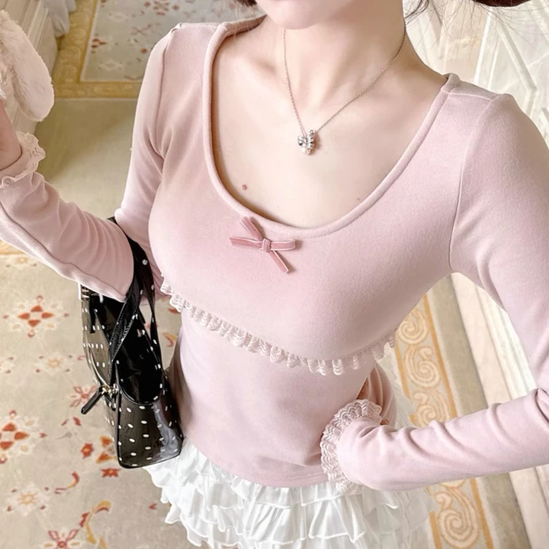 Jesenná zima nová sladká ružová blúzka Ženy Bowneck Crewneck s dlhým rukávom pod základňou vrstvy vrcholov japonských kawaii štíhle oblečenie 2025