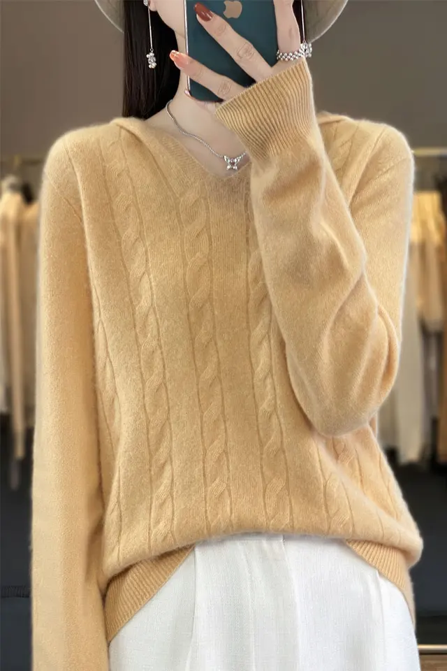 Jesenná zima Nové ženy 100% merino vlnené sveter s kapucňou skrútená pullover cashmere pletená plech