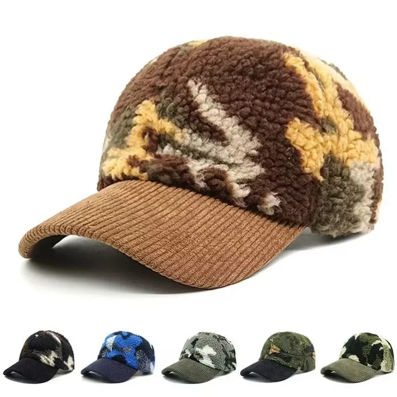 Jesenné a zimné kamuflážne baseballová čiapka fleece kačacie čiapka zahustená teplý odrazový klobúk klobúk Lamb's Wool Hat