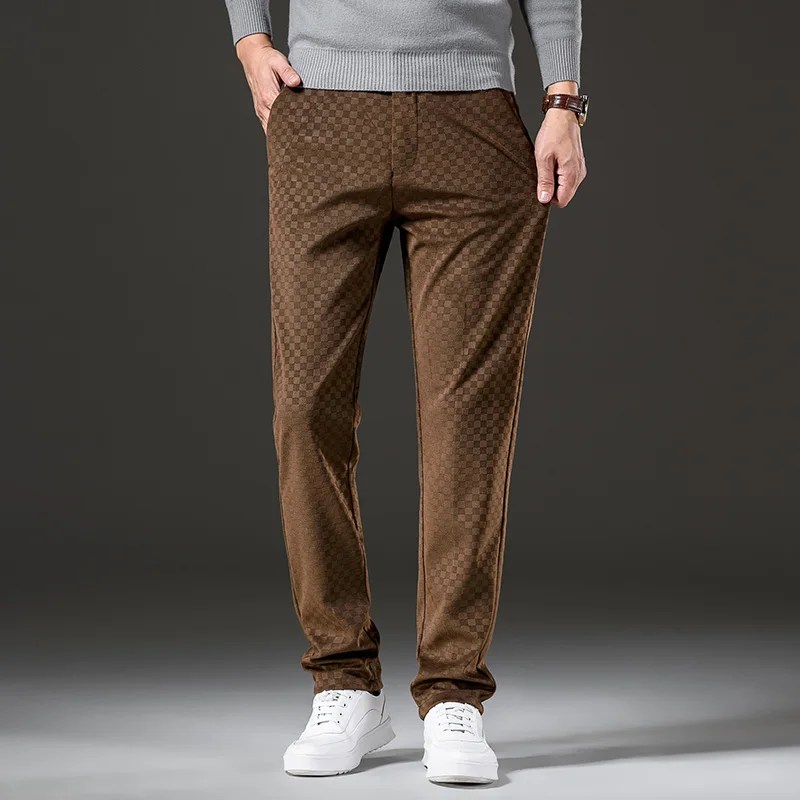 Jesenné a zimné pánske neformálne nohavice Corduroy Panty Plaid Stripes Elastic Business Fashion Fashion Elastic Pravidelne fit s strih nohavicami