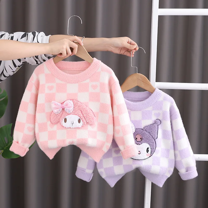 Jesenné deti Sanrio Sweaters Kawaii My Melody Kuromi Girls Winter Warm Cartoon Zhustá karikatúra Tops Darčeky
