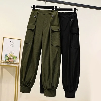 Jesenné dámske nákladné nohavice High Army Army Green Bundle Dĺžka nohavice Majer Loose Casual Pants Stretch штаны 2021