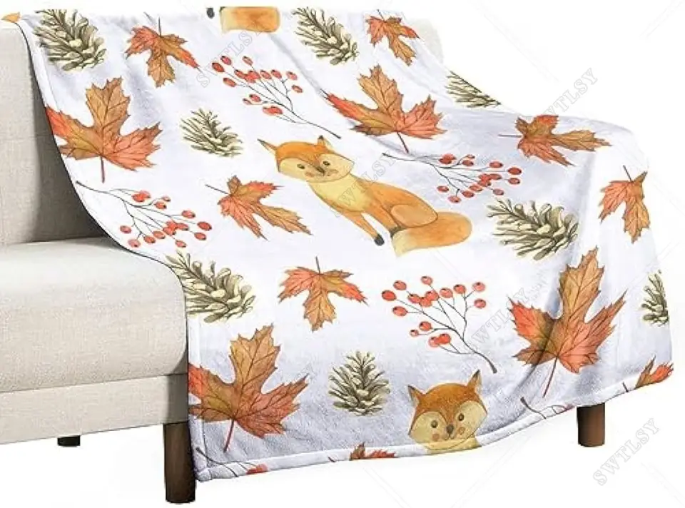 Jesenné jesenné listy flanel fleece hádzať prikrývku roztomilý karikatúra Fox 50x60 palcov mäkká prikrývka pre gauč, útulné, teplé, ľahké, ľahké