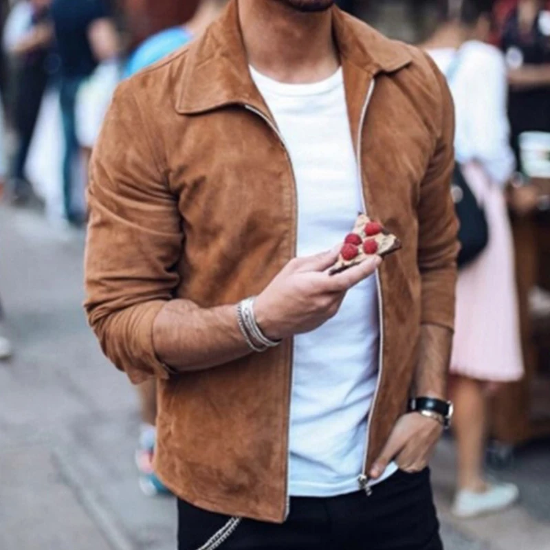 Jesenné módne semišové kabáty pre mužov Spevnené obojky zipsov zipsové vrcholy 2021 Nové zimné príležitostné príležitostné rukávy Slim Men Jackets