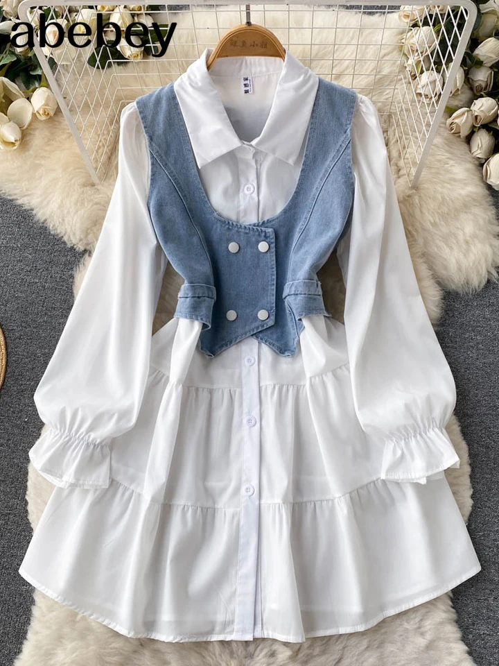 Jesenné módne šaty dva kusy obleky rufova rukávy biele košele šaty+mini denim camis obleky dámske dámske slepé súprava