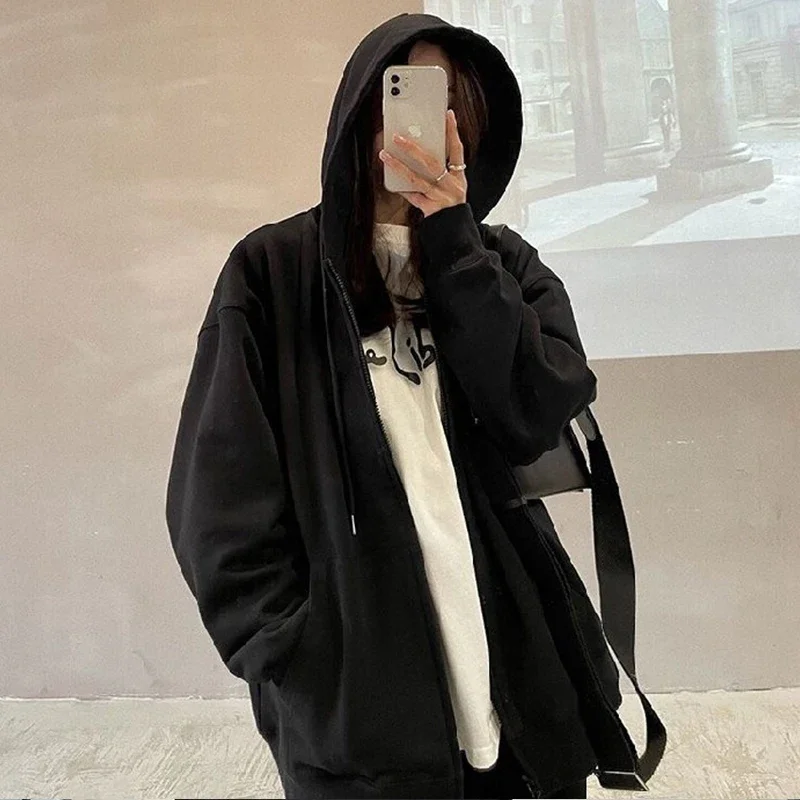 Jesenné nadmerné zipsové kapucňa Ženy Kórejské módne zipsové kabáty Príležitostné kapucňové mikina Streetwear Poleron Baggy Solid Hoodies