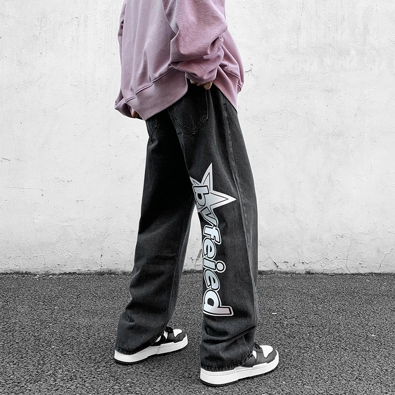 Jesenné nové streetwear muži vrecká so širokouhlými džínsami retro hip-hop listu hip-hop Termoprint s priamymi nohavicami Y2K Džínsy Y2K