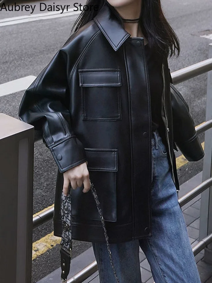 Jesenné streetwear čierna kožená bunda Ženy High Street Harajuku Zipper Leather Moto bunda Príležitostná voľná nadmerná vrstva teplý kabát y2k