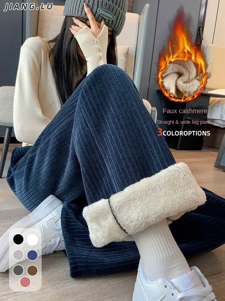 Jesenné zimné nohavice Ženy Zhustené jahňacie fleece široké nohavice nohavice plus zamatové dámske módne voľné nohavice Cashmere Cashisers