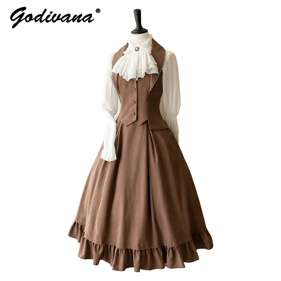 Jesenné zimné oblečenie Sada dámy Elegantné s dlhým rukávom biele košele Blúzky Retro vesta s rybou kosťou sukňou Lolita 3 -kusové oblečenie