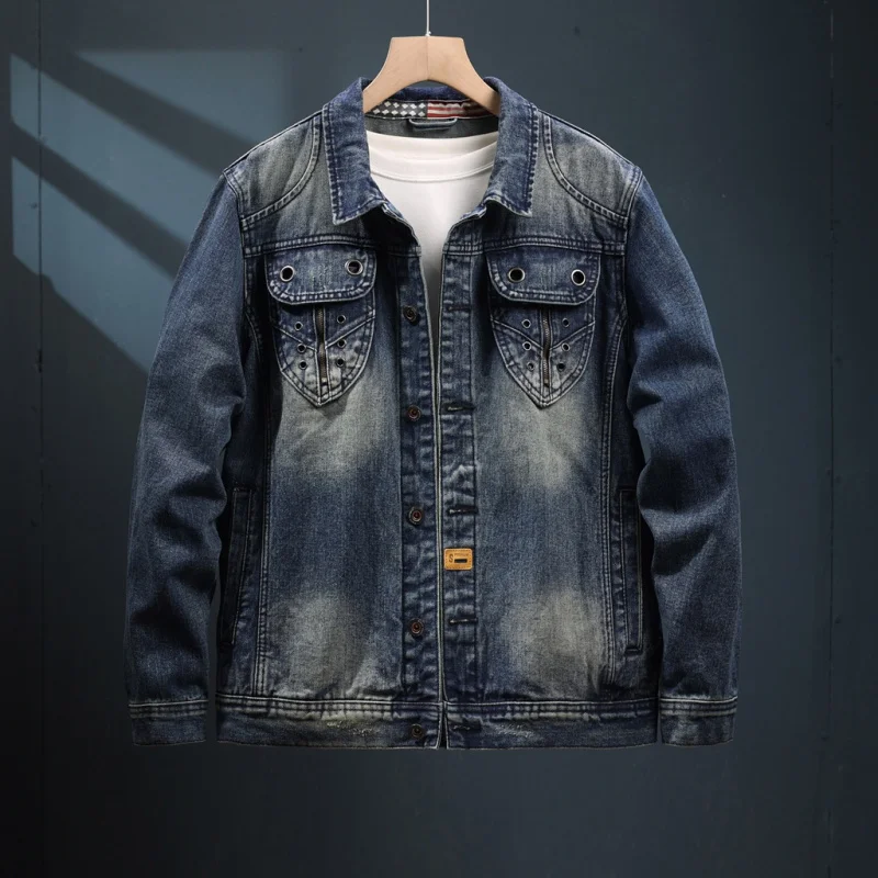 Jeseň 2024 Nový americký štýl Vintage Denim Jacket Pánske umývané nostalgické osobné osobné vreckové dizajn na ulici Motocyklové oblečenie